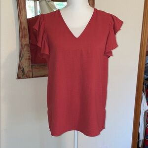 Adrianna Papell Red V-Neck Ruffle Blouse